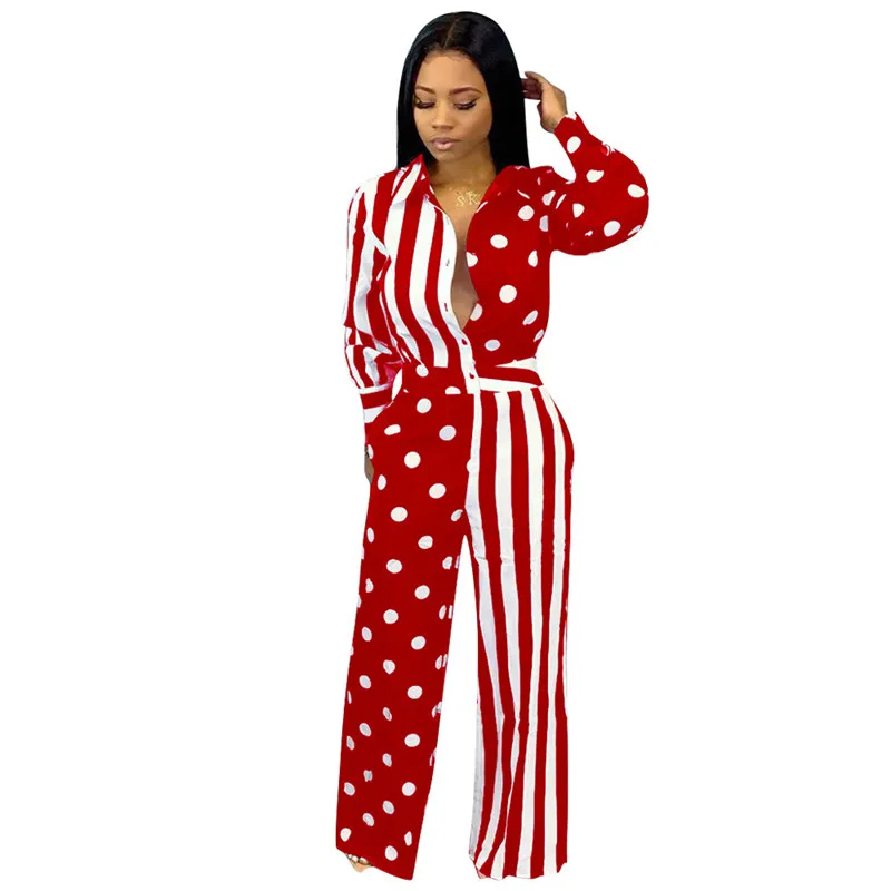 Adogirl Polka Dots Print Stripe Patchwork Loose Jumpsuit Long Sleeve Shirt Top Wide Leg Pants Casual Romper Office Lady Overalls Adogirl Polka Dots Print Stripe Patchwork Loose Jumpsuit Long Sleeve Shirt Top Wide Leg Pants Casual Romper Office Lady Overalls