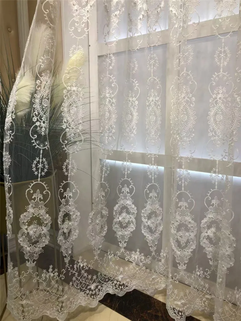 European Luxury White Embroidered Pearls Sheer Curtain Window Tulle Finished Voile Drapes Panel For Living Room Bedroom Custom