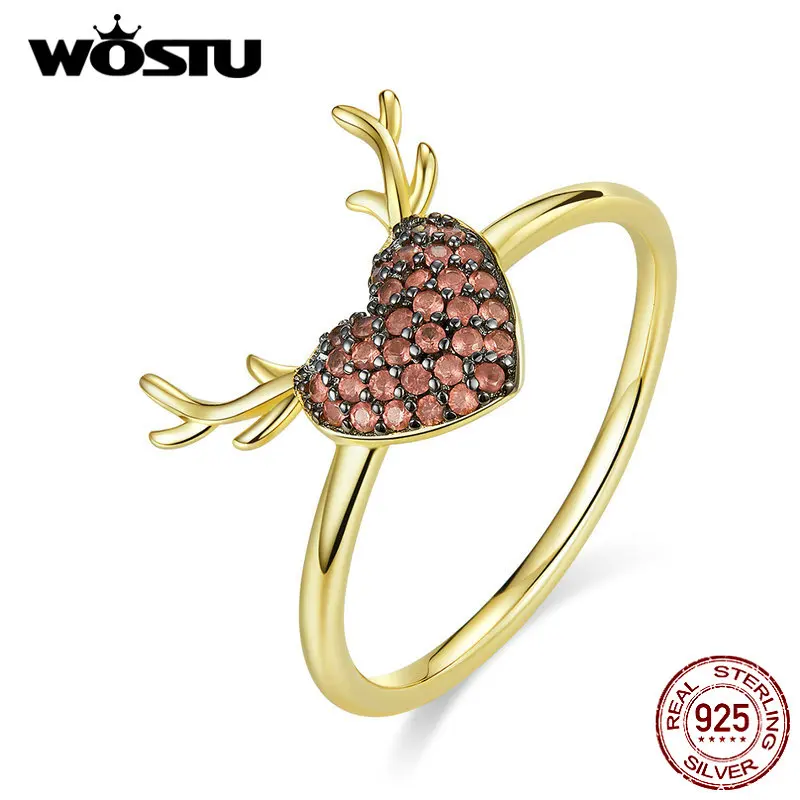 WOSTU, 925 пробы, серебряные кольца в форме рога и сердца для женщин, обручальное кольцо с цирконием, Золотое кольцо, ювелирные изделия для влюбленных, подарок DAR091