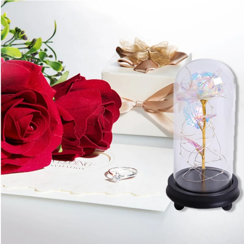 24k Gold Foil Cloth Rose Flower with Fair LED Light String Wooden Base in Glass Bottle Valentine's Day Female Gift Wedding Decor