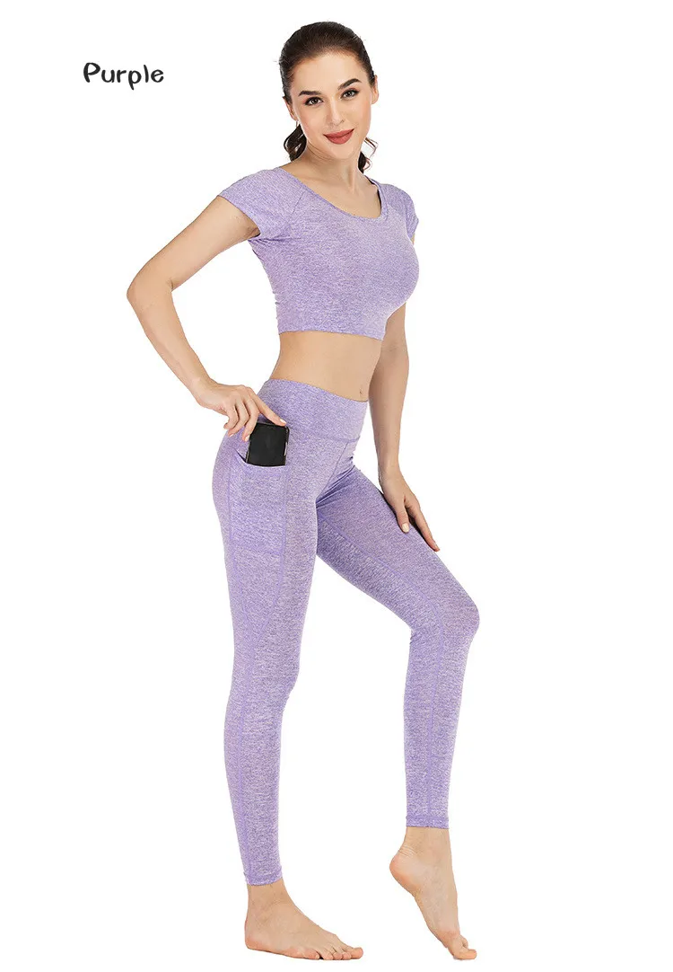 Midriff-baring спортивный костюм для женщин комплект из 2 предметов для йоги футболка+ брюки Быстросохнущий карман дизайн колготки леггинсы Женская спортивная одежда