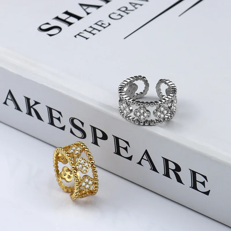 ZN Vintage Simple Inlay Zircon Four Leaf Clover Finger Rings Elegant Ladies Creative Accessories Fashion Jewelry Romantic Gifts