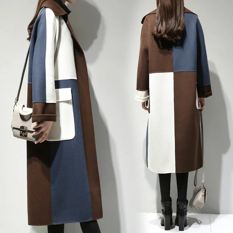 Элегантное длинное шерстяное пальто для женщин, Осень-зима, шерстяное пальто размера плюс, женское корейское свободное шерстяное пальто, куртки W1649