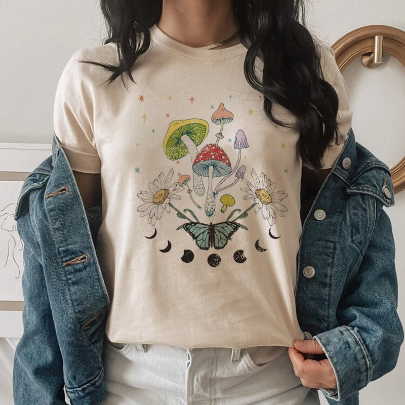 Magic Mushroom Celestial Botanical T Shirt Women Vintage Aesthetic