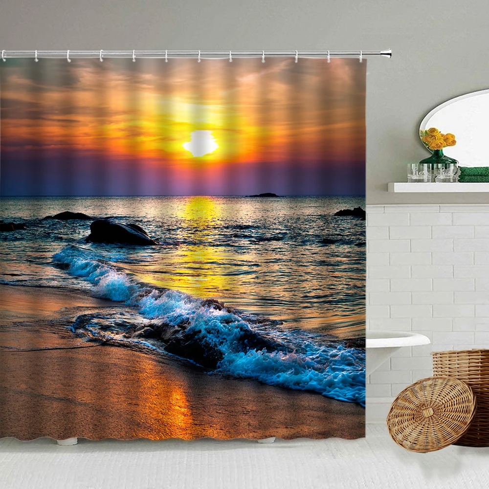 Ocean Theme Shower Curtain golden sunshine beach wave Bathroom Waterproof Fabric 