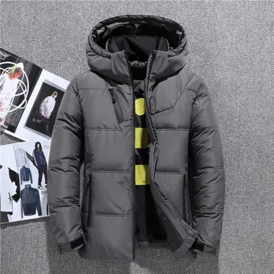 Dark gray Роскошная мужская русская Зимняя Толстая теплая ветрозащитная куртка с капюшоном на белом утином пуху, верхняя одежда, утолщенные повседневные пуховики - Цвет: Dark gray