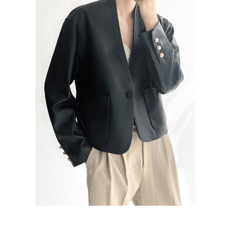 Brown Leather Coats Women V Neck Single Button Blazer Jackets 2021 Autumn Winter Elegant Smooth Leather Slim Short Jackets