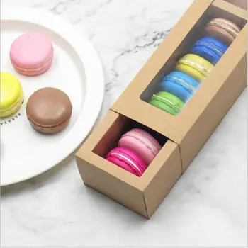 

20PCS Brown Kraft Paper Macaron Box White Cardboard Cookie Box With Clear PVC Window Drawer Type Rectangular Packing Box