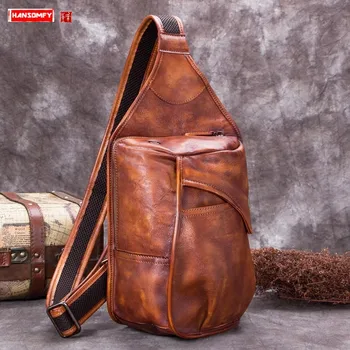 

Vintage Leather Men's Chest Bag Shoulder Messenger Bags First Layer Cowhide Male Men Large Capacity Verticle Square Slit Pocket