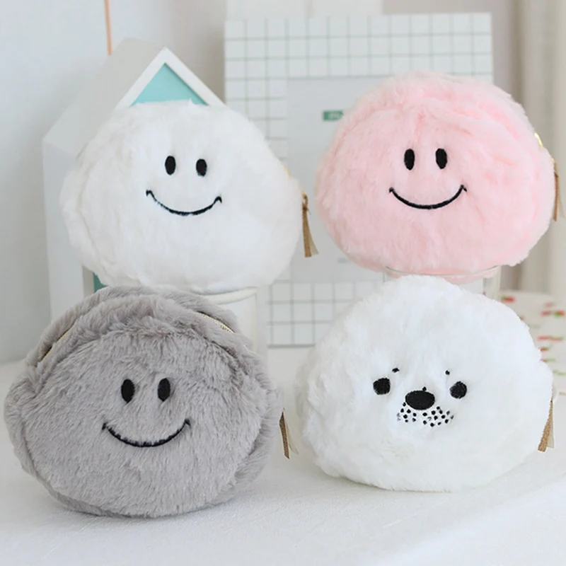 Cartton Smile Cosmetic Bag Large Capacity Storage Bag Travel Multi-function Girl Plush Cosmetic Bag Fur Ball Decoration Zipper