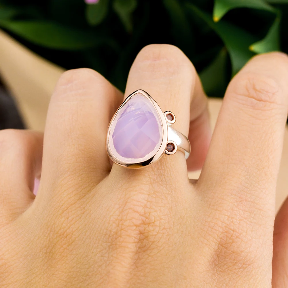 

Big Waterdrop Pink Stone Ring Beautiful White+Rose gold Color Jewellery Nice Wife gift Top Jewelry rings Fast delivery