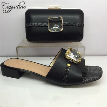 

Popular Party Set Black Matching Lower Heel slipper shoes and Bag for Ladies GY40, Heel Height 3cm
