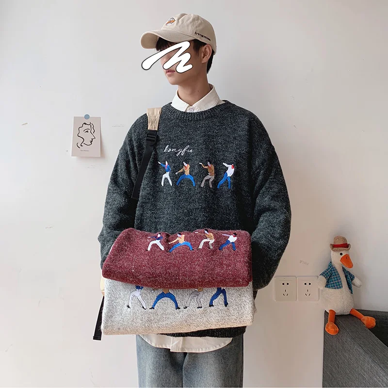 Autumn New Cartoon Men's Sweater Ins Hong Kong Sweaters Long Sleeve O-neck Korean Loose Thick Male Sweaters Sueter De Hombre