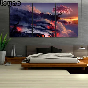 

3 Piece diamond Art Scorched Earth Lava Landscape Cherry Blossom Sunset Life Blossom Fantasy Art diamond Painting Triptych Decor