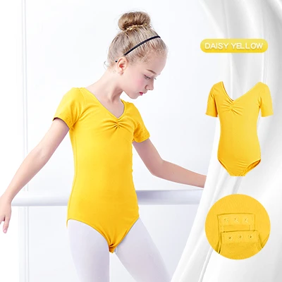 Girls Ballet Leotards High Quality Ballet Bodysuit Teen Soft Lining Dancewear Kids Nylon Short Sleeve Gymnastics Leotards Yellow-Short sleeve