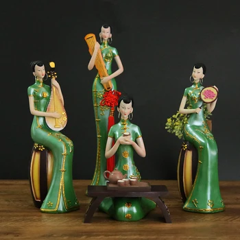 

Home Decoration Resin Traditional Chinese Music Beauty Sculputure Green Cheongsam Women Status Room Ornament People Figurines