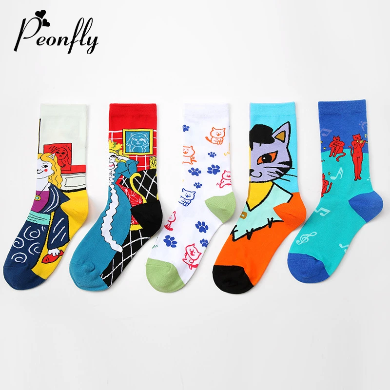 PEONFLY Забавный мультяшный Кот узор женские удобные носки из хлопка короткие хипстерские Harajuku повседневные креативные носки искусство новинка носки