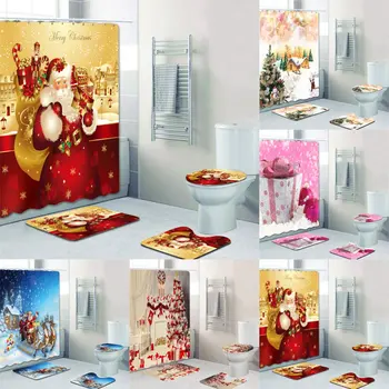 

3D 4PCS Christmas Shower Curtain Set Waterproof Shower Bath Curtain Toilet Cover Mat Bathroom Christmas Decorations for Home