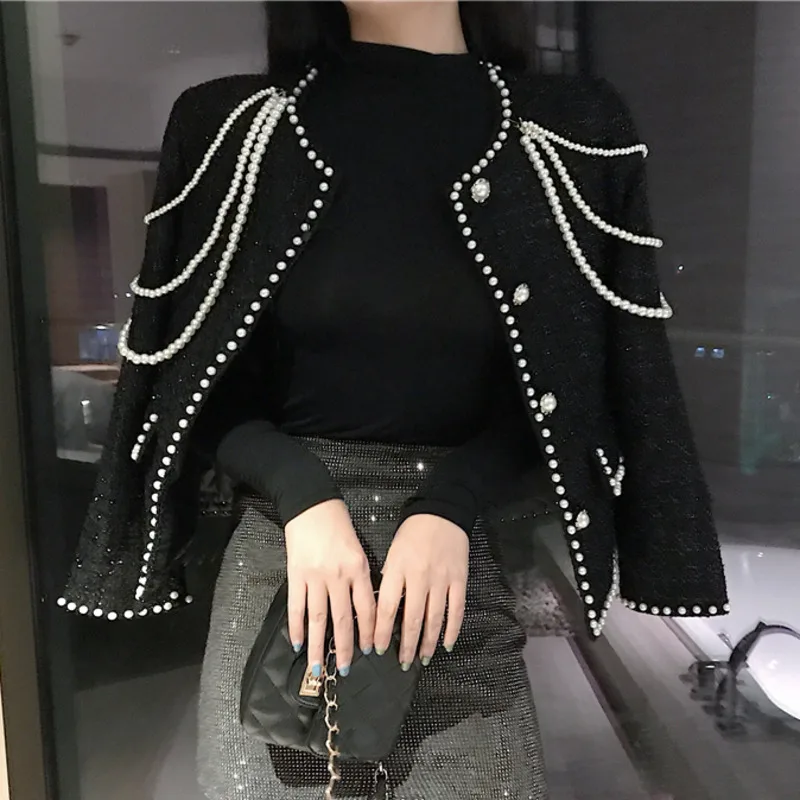 

2020 New Autumn Winter Vintage Tweed Jacket Coat Women Small Fragrance Korean Beading Woollen Cropped Coat Elegant Short Outwear