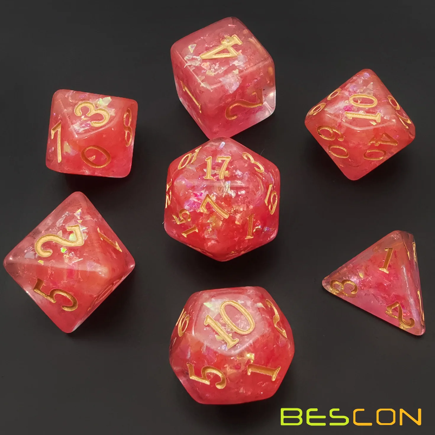 Bescon Dense-Core Polyhedral Dice Set of Peach, RPG 7-dice Set in Brick Box Packing 4
