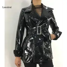 Весна Осень Средний длинный ремень лакированные кожаные пальто Женский pu кожаная куртка BF мотоциклетные куртки черный