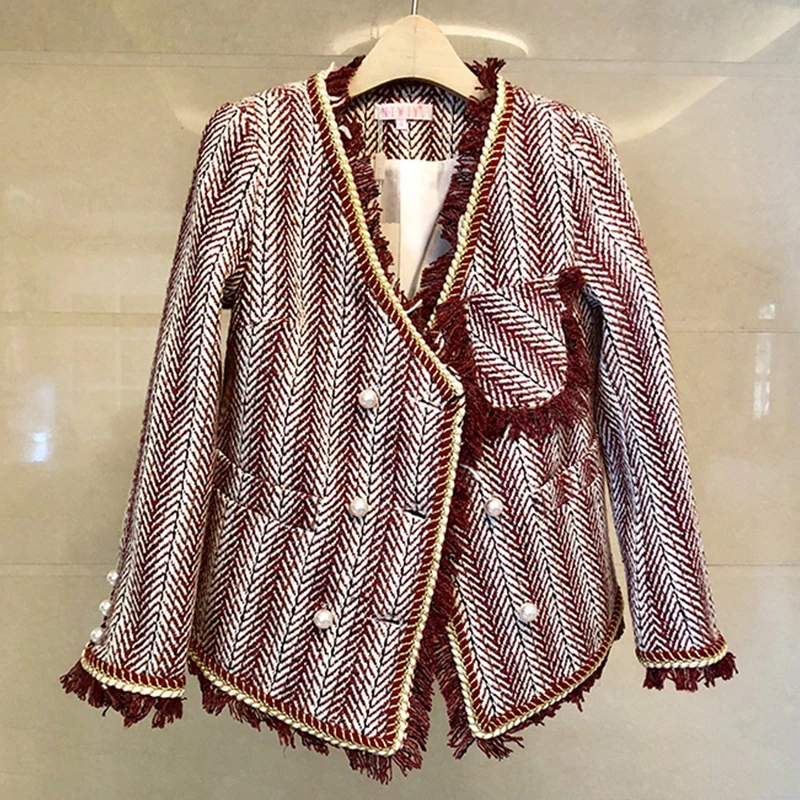 Wine Red Harajuku, синяя, белая, полосатая твидовая куртка, зимняя женская, с длинным рукавом, с v-образным вырезом, элегантное пальто, бусины из перламутра, с кисточками, кардиган, пальто - Цвет: Wine Red