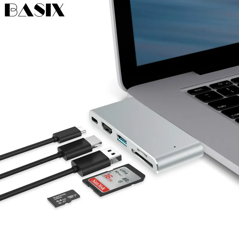 BASIX USB-C концентратор с двумя портами на HDMI адаптер 4K Thunderbolt 3 usb type-C концентратор с TF SD слот PD для MacBook Pro USB C концентратор 3,0