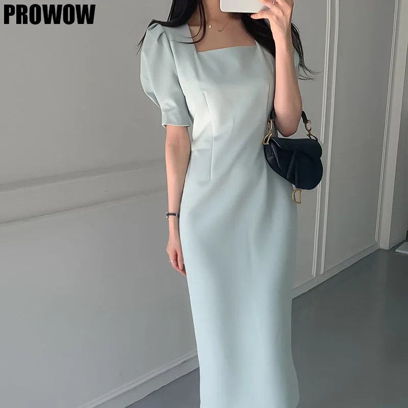 2020 Summer New Elegant Slim Waist Split Bodycon Party Dress Sexy Square Collar Puff Sleeve Women Dress Female A-Line Vestidos