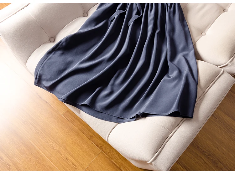 Женское платье с поясом Настоящее шелковое креп темно-синее простое длинное платье для женский с коротким рукавом шелковое платье новое платье