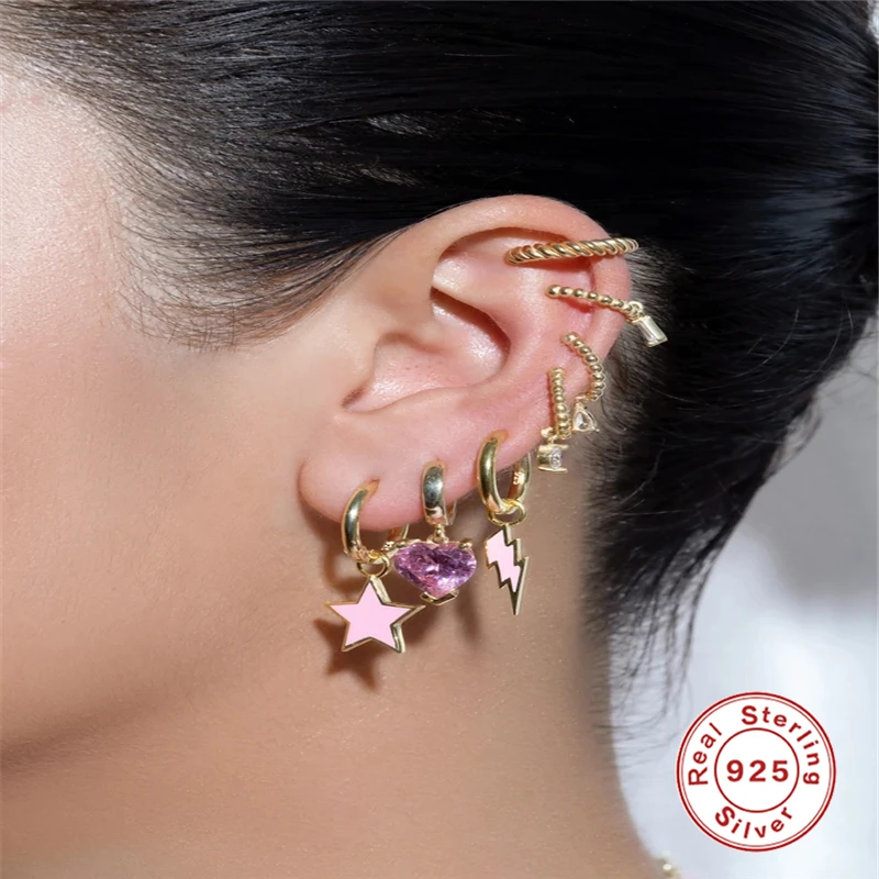 Pendientes plata 925 Moon Star Dangle Earrings 925 Sterling Silver Enamel Drop Earring For Women Girls Korean Fashion Jewerly