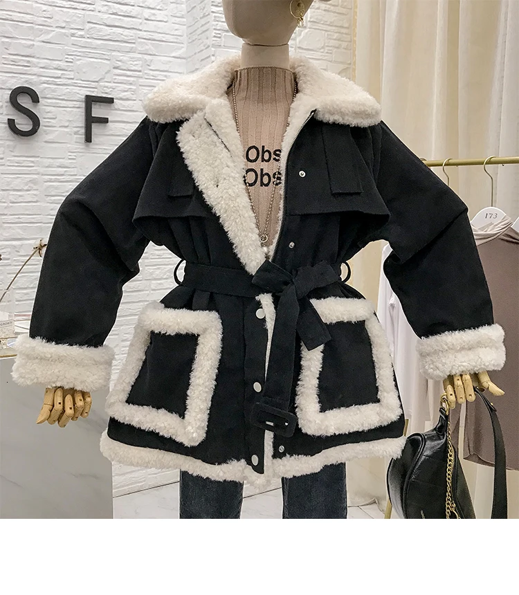 Сафари стиль ягненка утолщение пальто для женщин Harajuku повседневное с длинным рукавом оверсайз высокая Талия пояса парка Винтаж Зеленый Черный Топ