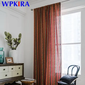 

Bohemian Tassel Curtain Cotton Linen Orange Curtain Semi-Shading Curtain for Living room Striped Printed Kitchen Curtain M216D3