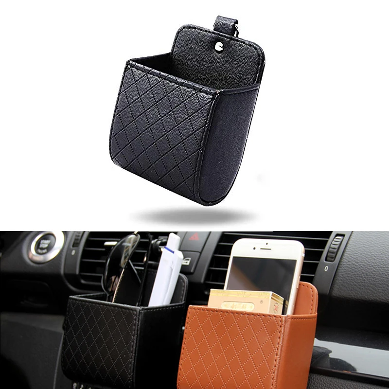 Universal Car Air Vent Organizer Box Storage Bag with Hook Auto Mount Outlet Hanging Leather Container Pocket Coin Phone Holder