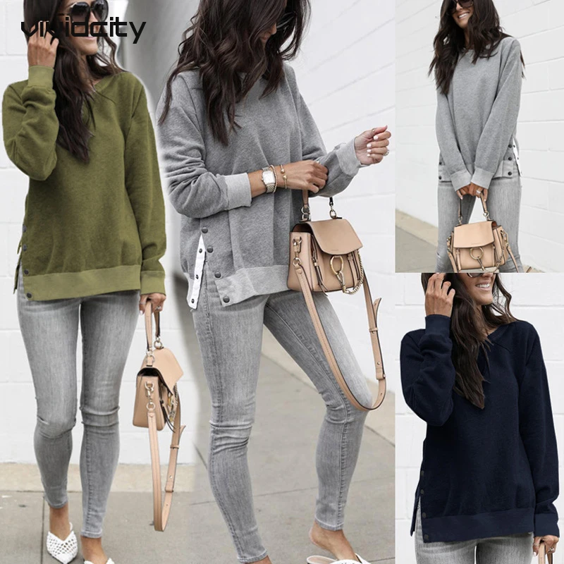 

Vividcity Fashion Sweatshirts Women's Autumn O-Neck Pullover Button Sweatshirt Solid Color Full Sleeve Stitching Sweatshirt 2020