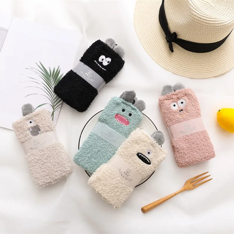 Теплые утолщенные кавайные носки для женщин, зимние, для взрослых, шерсть Санты, флисовая тапочка кораллового цвета, теплые, пушистые носки, твердый переплет, рождественский подарок