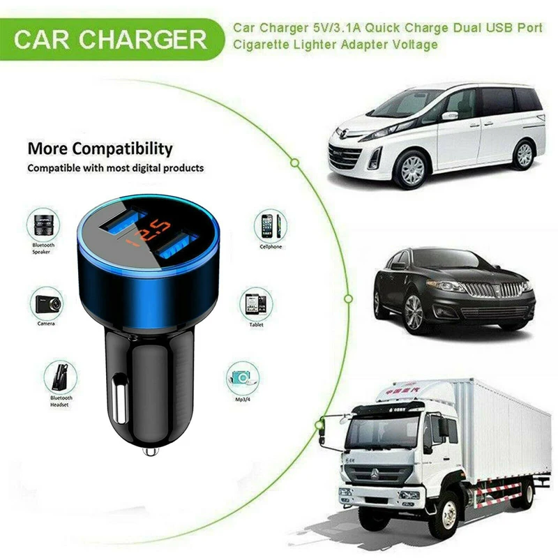 Dual USB Car Charger LED Display Fast Charging For Huawei P50 P40 P30 Lite Xiaomi Redmi 10 9A 9C Note 10 9 8 7 6 Pro USB Charger