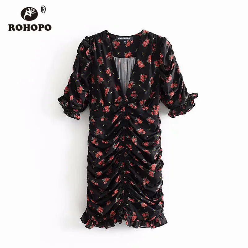 ROHOPO, красное, цветочное, Драпированное, гофрированное, черное, мини-платье, v-образный вырез, сексуальное, облегающее, нарядное, вечерние, элегантное, Vestido#9468 - Цвет: CN Size