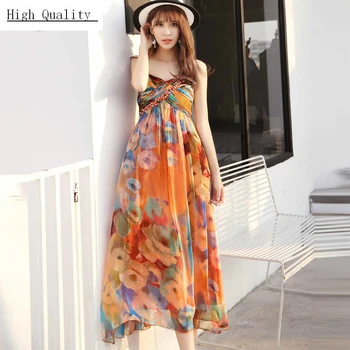 

Real Silk Long Party Dress Women Print Boho Dress Sexy Beach Summer Dresses Maxi Dresses Vestidos Verano 2020 LWL1503