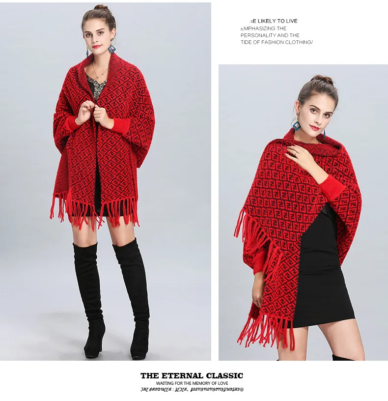 Oversize Fashion Autumn Winter Faux Imitation Knitted Poncho Women Letter 60*205cm Female Batwing Sleeves Wrap Vintage Shawl