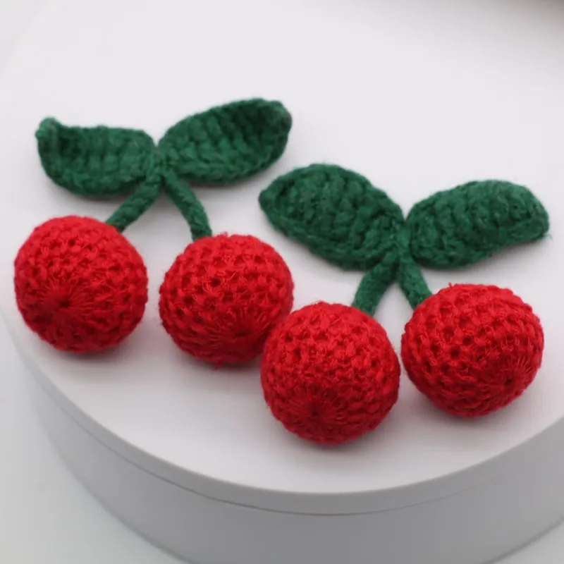 2/5Pcs Cotton Hand-knitted Woolen Green Leaf Red Cherries Crafts DIY Earrings Pendant Hair Hat Bag Key Ring Clothing Accessories jewelry making supplies craft supplies doll handmade accessories key charms pendant