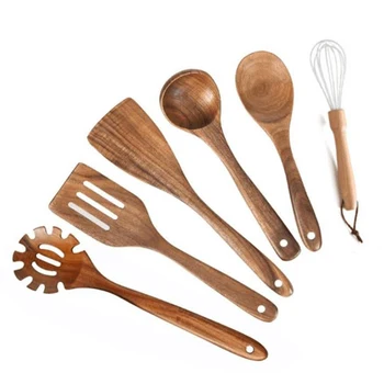 

Wooden Utensils Kitchen Cooking Utensil for Non Stick Cook,Wood Spoons Spatula Ladle Colander,Durable Kitchen Tools 6Pcs