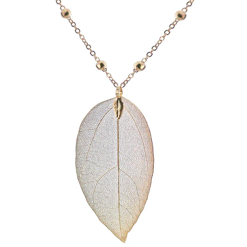 Real Leaf Pendant Necklace Gold Long Chain Charm Rustic Wedding Jewelry Statement Bridesmaid Gift | Украшения и аксессуары