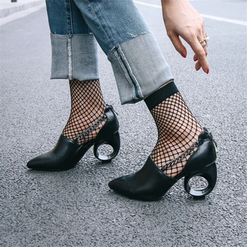 

Women Shoes Chain Pumps Punk Black Hollow Heels Fashion Genuine Leather Shoes Office Retro Ladies Spring Shoes Women Footwear