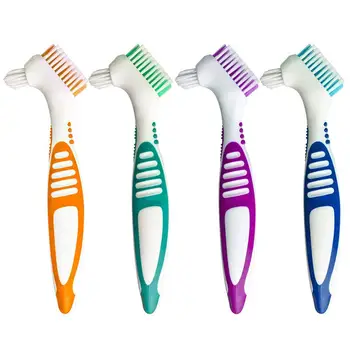

4PCS Denture Toothbrush Double Bristle Head Brush Set Portable Denture Cleaning Brush Multi-Layered Bristles False Teeth Brush