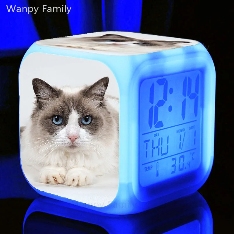 Будильник с кошкой и мышкой, 7 цветов, светящийся светодиодный цифровой детский будильник с большим экраном, многофункциональные сенсорные часы - Цвет: Светло-желтый