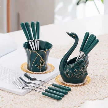 

Nordic Luxury Ceramic Stainless Steel Fruit Fork Set Creative Fashion Dessert Forks Swan Base Cake Dessert Ice Cream Fork Spoon
