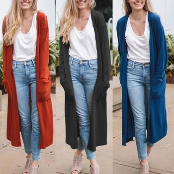 

Long Cardigan Jacket Womens Fashion Solid Color Coats Ladies Jacket Autumn Long Sleeve Loose Jacket Overcoat Robe Femme