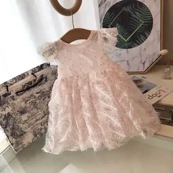 

Y0198 Summer dress 2020 children's clothing new comfortable elegant feather embroidery lotus leaf sleeve dress for small girls