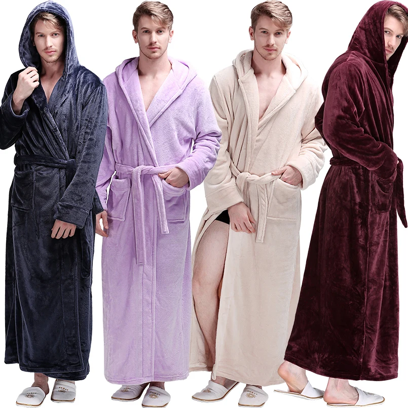 

New Men Winter Extra Long Hooded Thick Flannel Warm Bath Robe Male Dressing Gown Thermal Bathrobe Women Mens Luxury Kimono Robes
