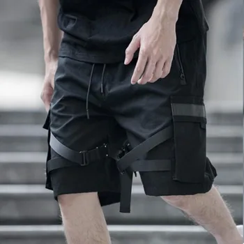 

Reflexivo fitas patchwork dos homens verão shorts de carga preto rua hip hop do punk curto masculino homem ocasional calças curt